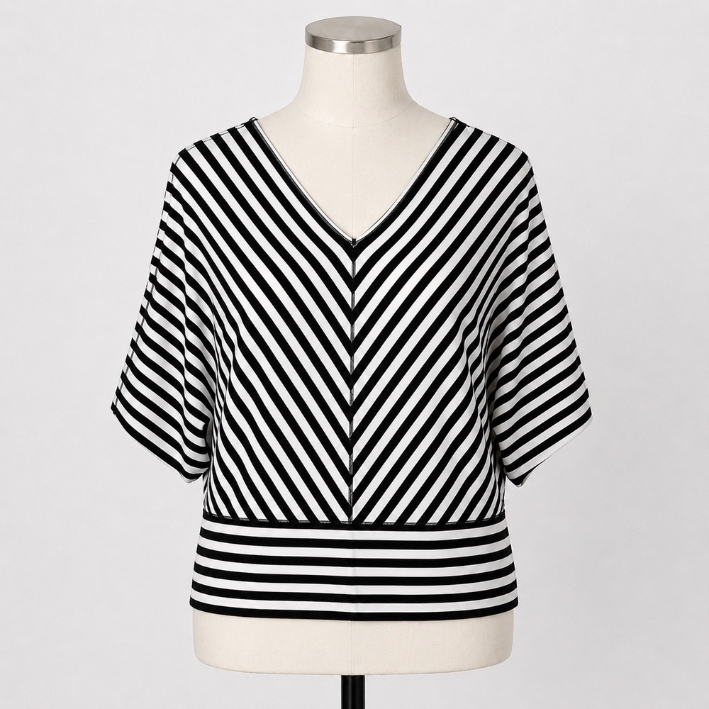 Max Edition Women Black White Striped Dolman V-Neck Banded Top Small Oversized